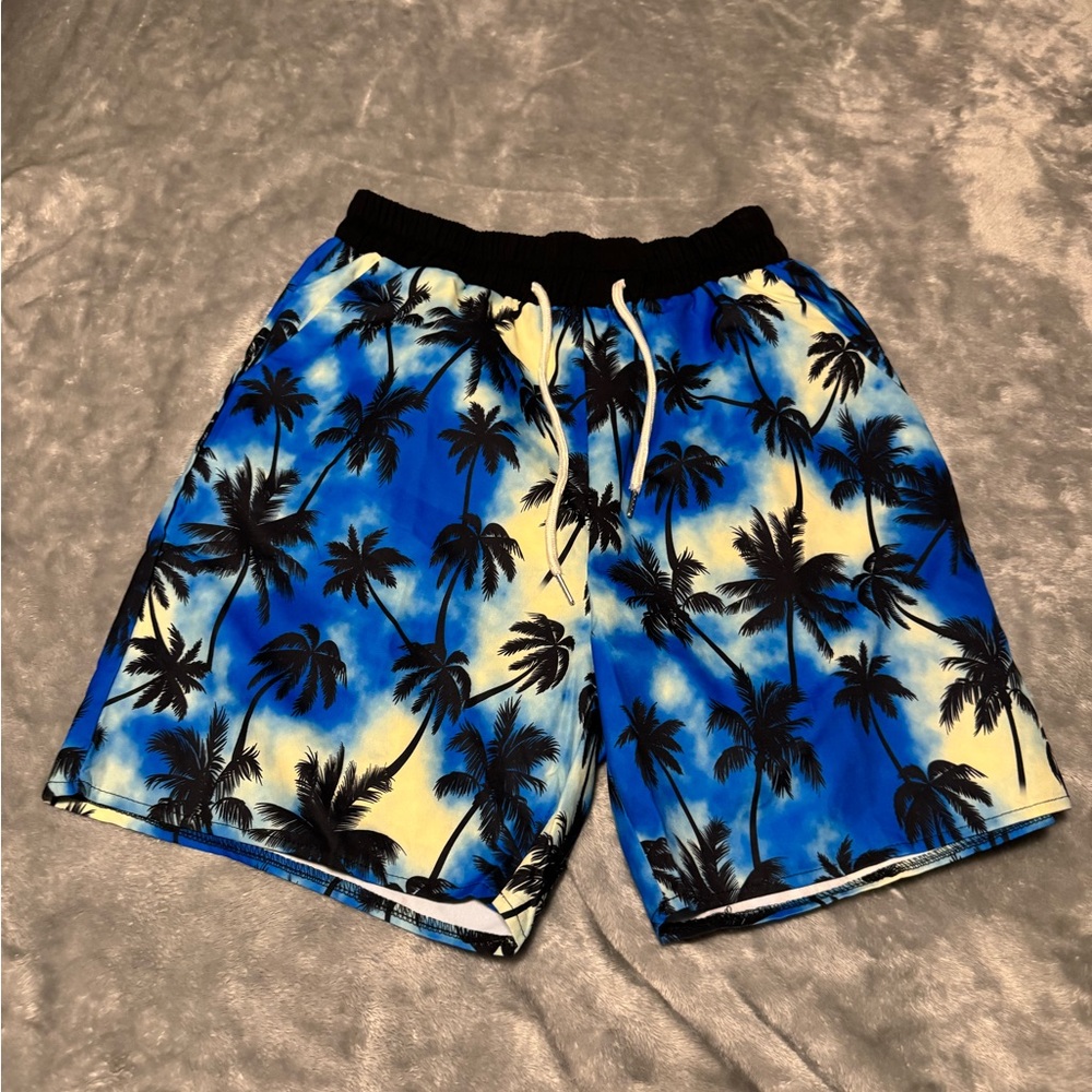 ROMWE Blue and Yellow Swim Trunks with Tropical Design